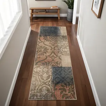 8' Navy And Salmon Damask Distressed Stain Resistant Runner Rug