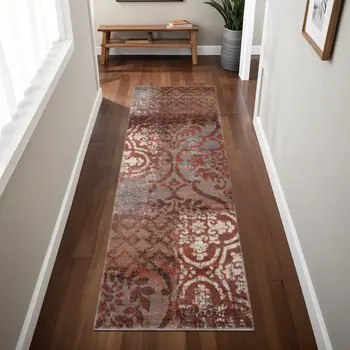 8' Rust And Gray Damask Distressed Stain Resistant Runner Rug