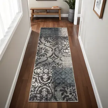 8' Teal And Gray Damask Distressed Stain Resistant Runner Rug
