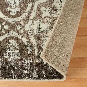 4' X 6' Tan And Brown Damask Distressed Stain Resistant Area Rug