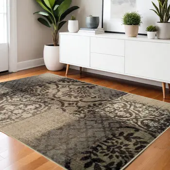 4' X 6' Tan And Brown Damask Distressed Stain Resistant Area Rug