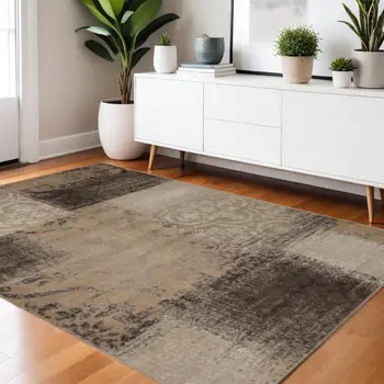 4' X 6' Beige Gray And Black Damask Distressed Stain Resistant Area Rug