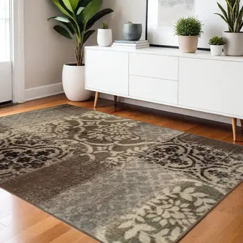 4' X 6' Ivory Light Blue Damask Distressed Stain Resistant Area Rug