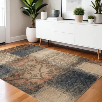 4' X 6' Navy And Salmon Damask Distressed Stain Resistant Area Rug