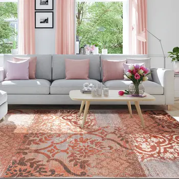 4' X 6' Rust And Gray Damask Distressed Stain Resistant Area Rug