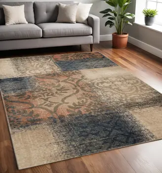 5' X 8' Navy And Salmon Damask Distressed Stain Resistant Area Rug