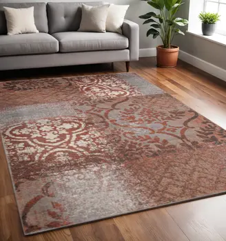 5' X 8' Rust And Gray Damask Distressed Stain Resistant Area Rug
