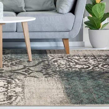 5' X 8' Teal And Gray Damask Distressed Stain Resistant Area Rug