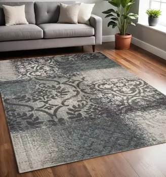 5' X 8' Teal And Gray Damask Distressed Stain Resistant Area Rug