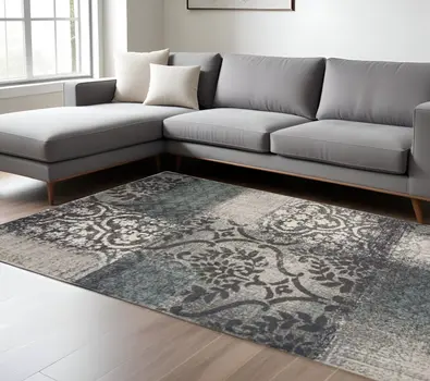 7' X 9' Teal And Gray Damask Distressed Stain Resistant Area Rug