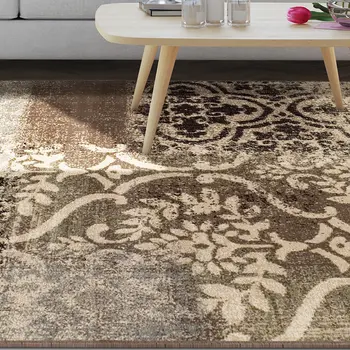 8' X 10' Ivory Light Blue Damask Distressed Stain Resistant Area Rug