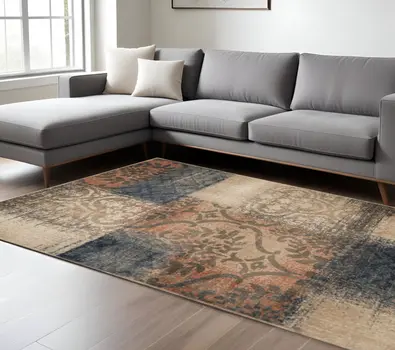 8' X 10' Navy And Salmon Damask Distressed Stain Resistant Area Rug