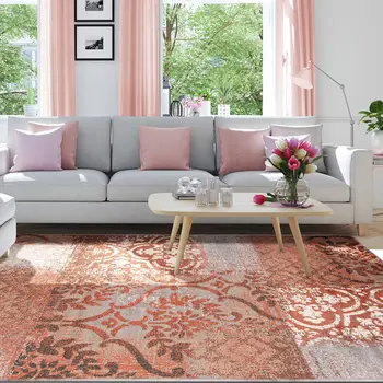 8' X 10' Rust And Gray Damask Distressed Stain Resistant Area Rug