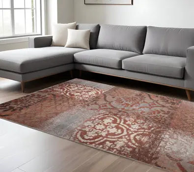 8' X 10' Rust And Gray Damask Distressed Stain Resistant Area Rug