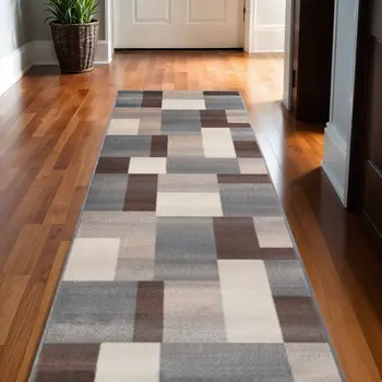 10' Grey Patchwork Stain Resistant Runner Rug