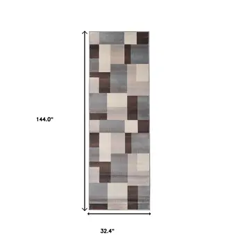 12' Grey-Brown Patchwork Stain Resistant Runner Rug