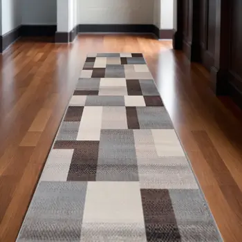 12' Grey-Brown Patchwork Stain Resistant Runner Rug