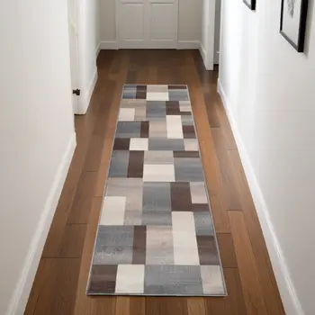 8' Grey Patchwork Power Loom Stain Resistant Runner Rug
