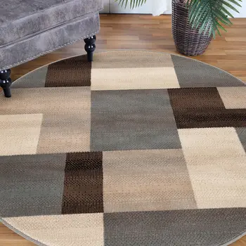 5' Blue Brown And Gray Patchwork Round Rug