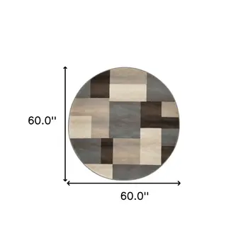 5' Blue Brown And Gray Patchwork Round Rug