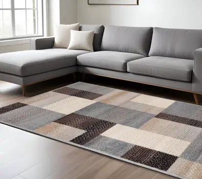 7' X 9' Gray Brown And Cream Patchwork Area Rug