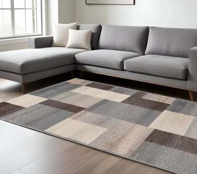 7' X 9' Grey Patchwork Power Loom Stain Resistant Area Rug
