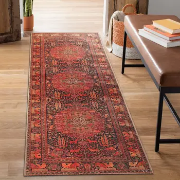8' Brown Black And Brick Red Medallion Runner Rug