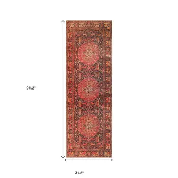 8' Brown Black And Brick Red Medallion Runner Rug