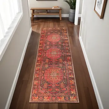 8' Brown Black And Brick Red Medallion Runner Rug