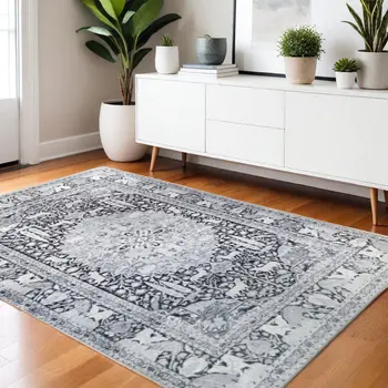 3' X 5' Charcoal Medallion Stain Resistant Area Rug