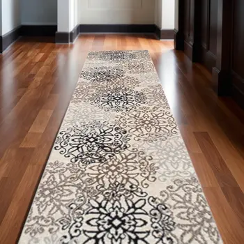 12' Tan Gray And Black Floral Medallion Stain Resistant Runner Rug