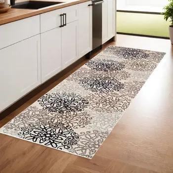 8' Tan Gray And Black Floral Medallion Stain Resistant Runner Rug