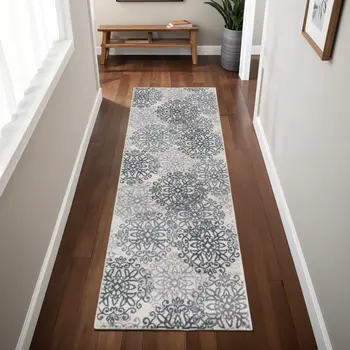 8' Oatmeal And Gray Medallion Power Loom Stain Resistant Runner Rug