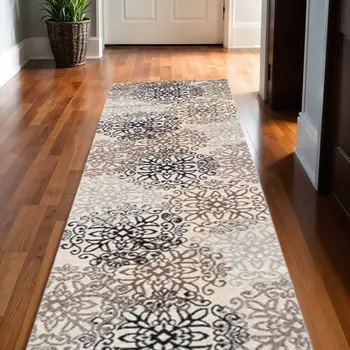 11' Tan Gray And Black Floral Medallion Stain Resistant Runner Rug