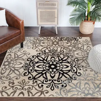 5' Tan And Gray Medallion Square Rug