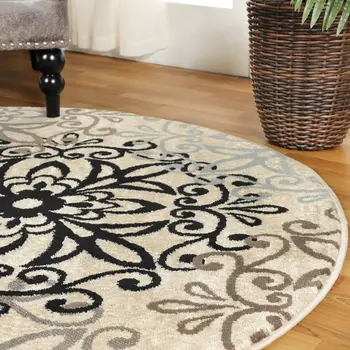 8' Beige Black And Gray Medallion Round Rug