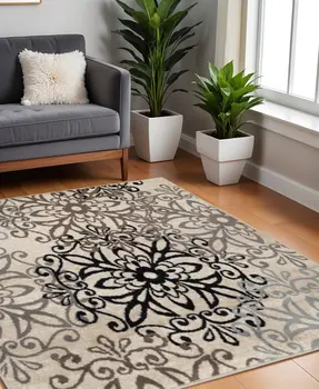 8' Tan And Gray Medallion Square Rug