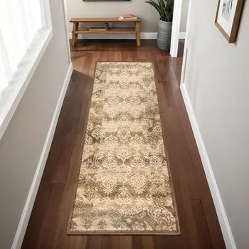 8' Brown Damask Power Loom Distressed Stain Resistant Runner Rug