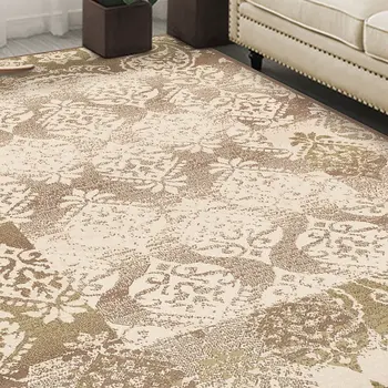 5' X 8' Brown Damask Power Loom Distressed Stain Resistant Area Rug