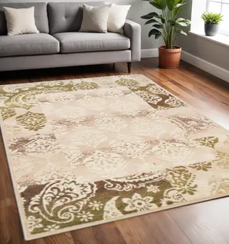 5' X 8' Brown Damask Power Loom Distressed Stain Resistant Area Rug