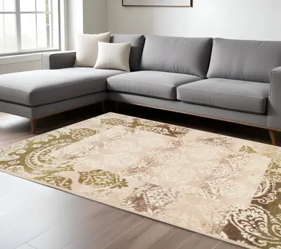 8' X 10' Beige Damask Power Loom Distressed Stain Resistant Area Rug