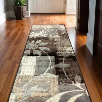 10' Beige And Gray Floral Power Loom Distressed Stain Resistant Runner Rug