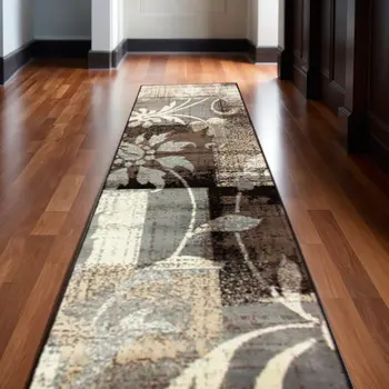 12' Beige And Gray Floral Power Loom Distressed Runner Rug