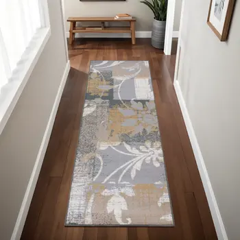 8' Beige And Gray Floral Power Loom Distressed Stain Resistant Runner Rug