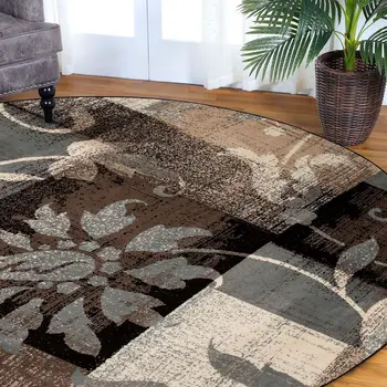 5' Beige Black And Brown Floral Distressed Round Rug