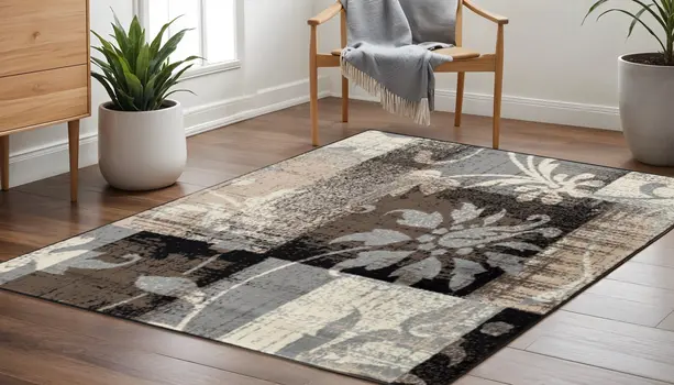 5' Beige And Black Floral Distressed Square Rug