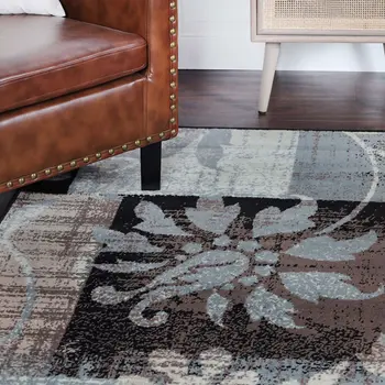 5' Beige And Black Floral Distressed Square Rug