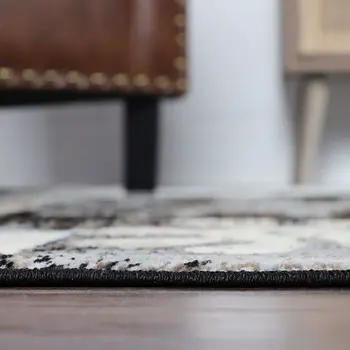 5' Beige And Black Floral Distressed Square Rug