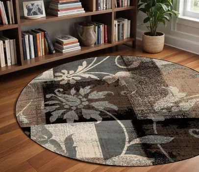 8' Beige Brown and Gray Floral Distressed Round Rug