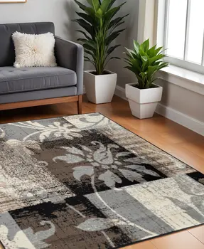 8' Beige And Black Floral Distressed Square Rug